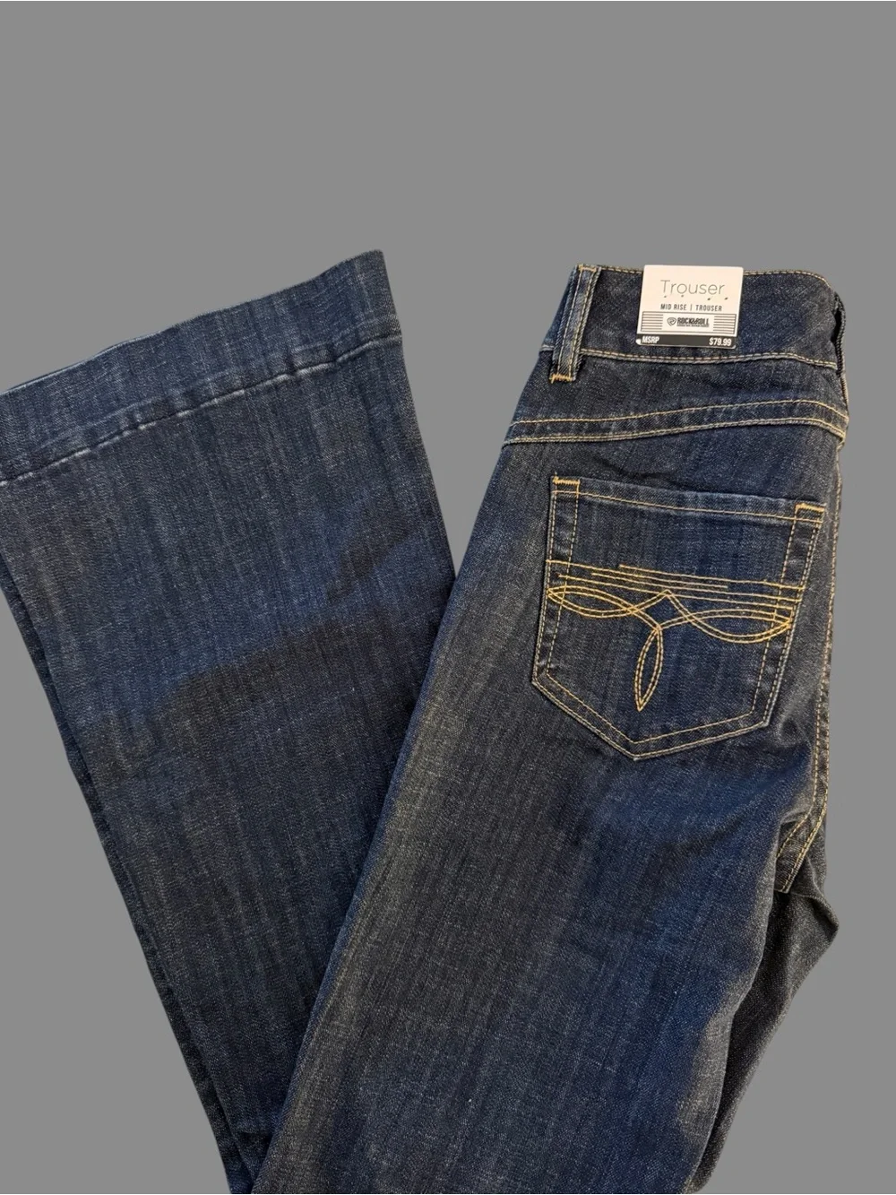 Rock & Roll Cowgirl Dark Blue Denim Jeans with Yellow Stitching